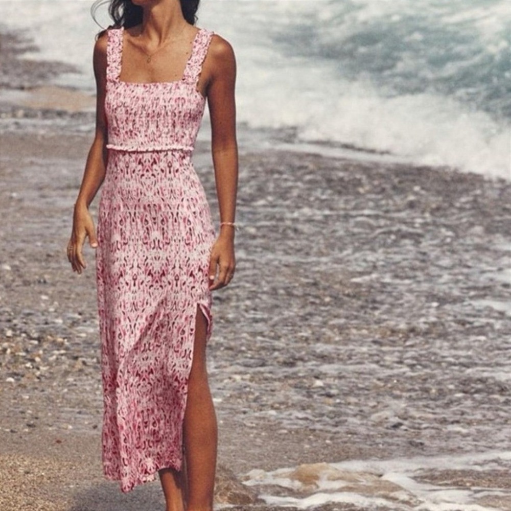 Zara Linen Blend Printed Midi Dress Womens S Pink White Ikat Smocked Sleeveless